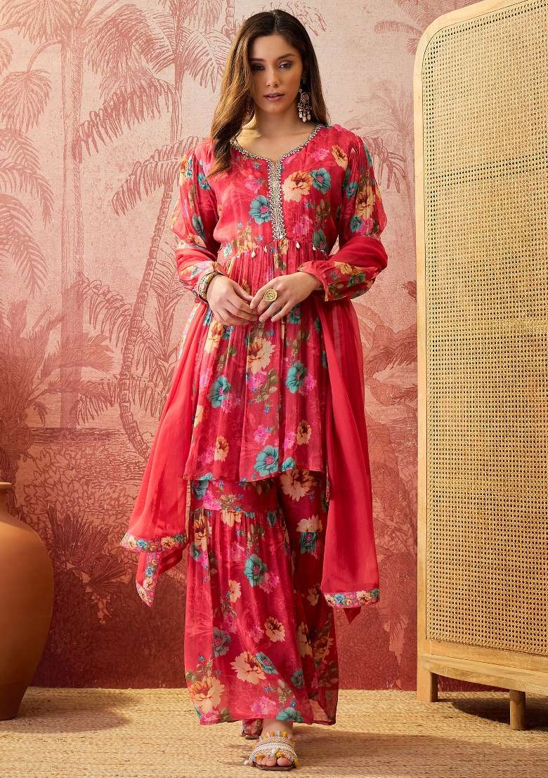 Pink Sequins Work Silk Blend Kurta Set - Indya