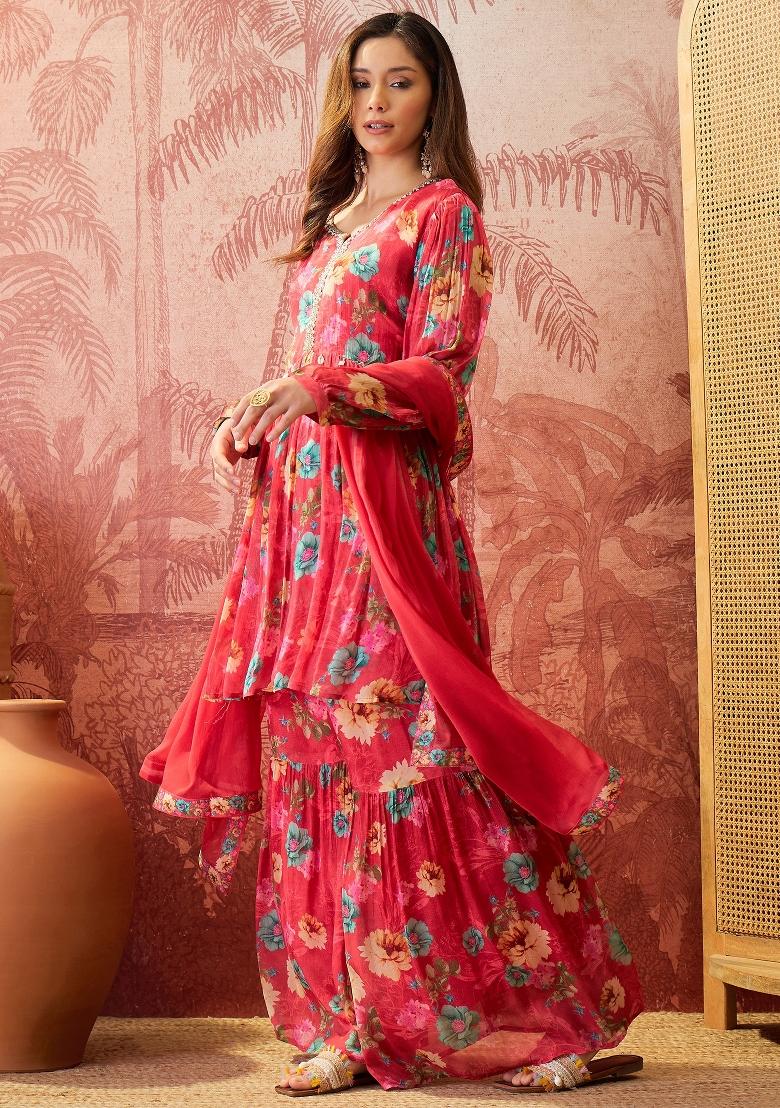 Pink Sequins Work Silk Blend Kurta Set - Indya