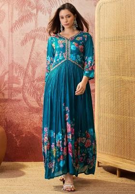 Teal Sequins Work Silk Blend Kurta Set