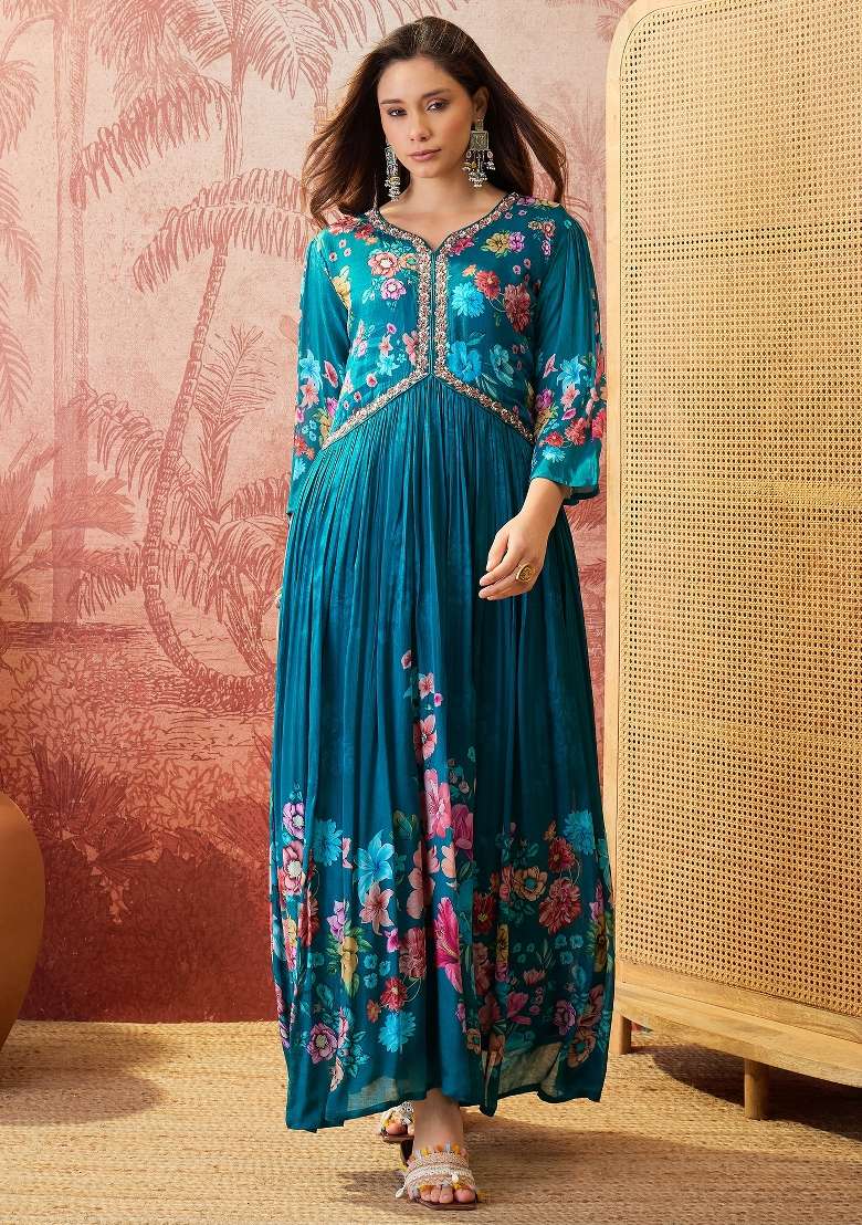 Teal Sequins Work Silk Blend Kurta Set - Indya