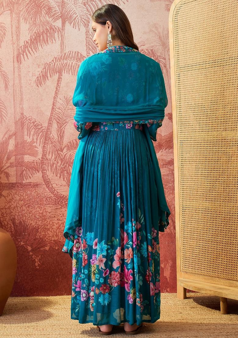 Teal Sequins Work Silk Blend Kurta Set - Indya