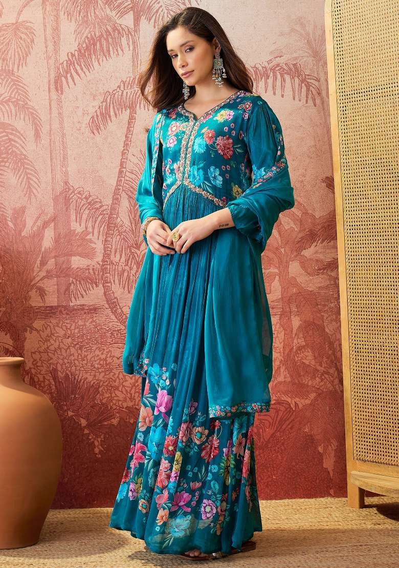 Teal Sequins Work Silk Blend Kurta Set - Indya