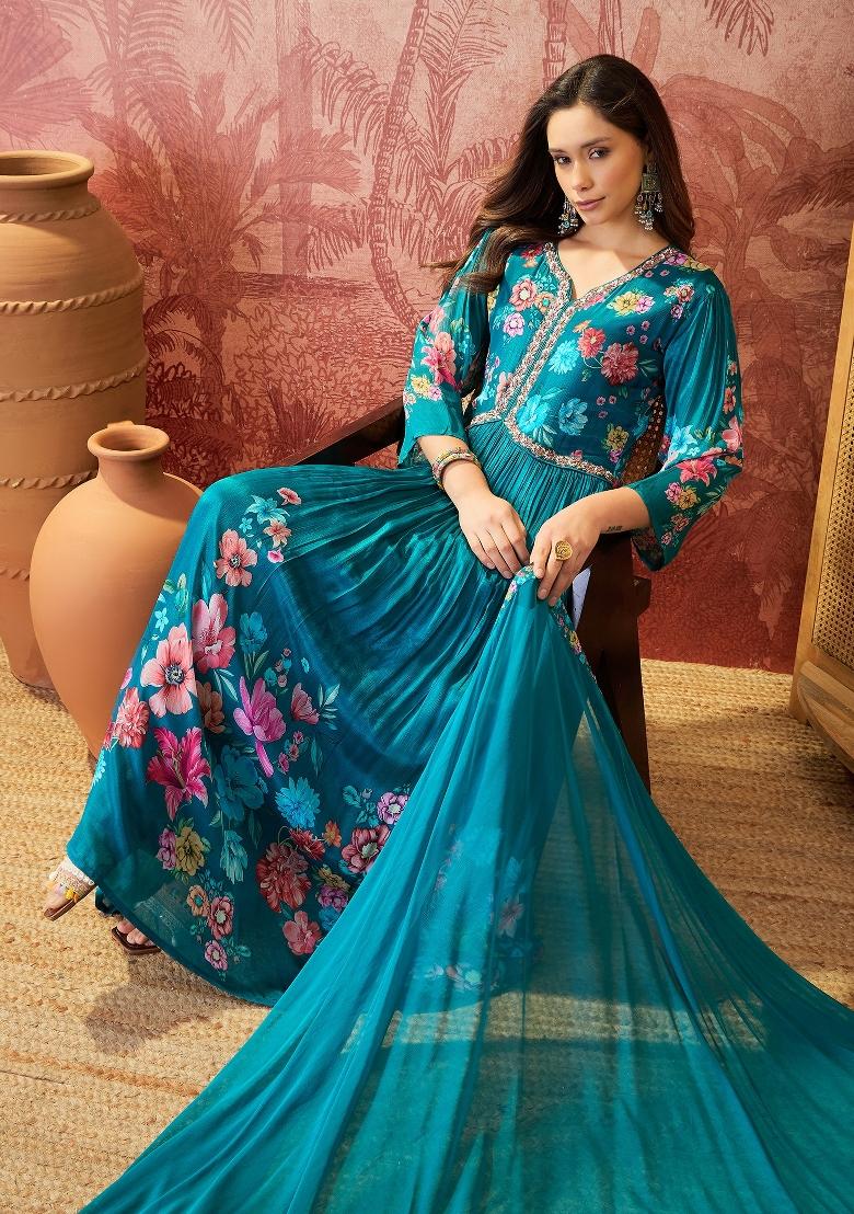 Teal Sequins Work Silk Blend Kurta Set - Indya