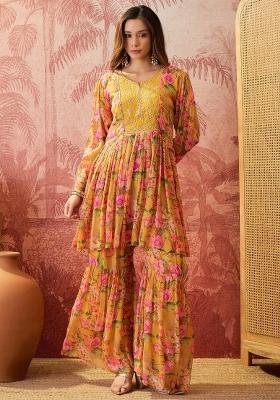 Mustard Sequins Work Silk Blend Kurta Set