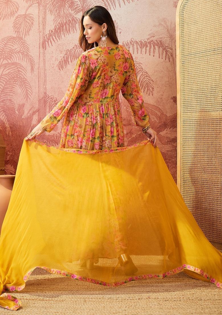 Mustard Sequins Work Silk Blend Kurta Set - Indya