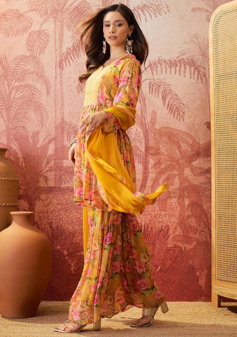 Mustard Sequins Work Silk Blend Kurta Set - Indya