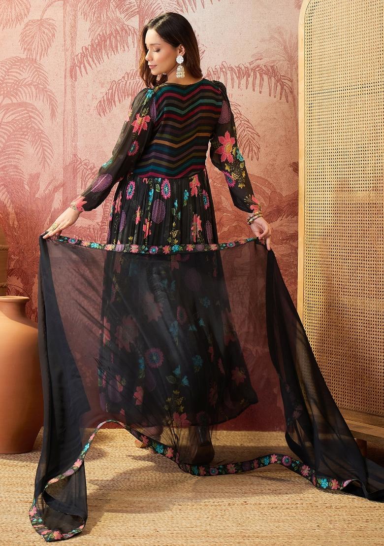 Black Sequins Work Silk Blend Kurta Set - Indya