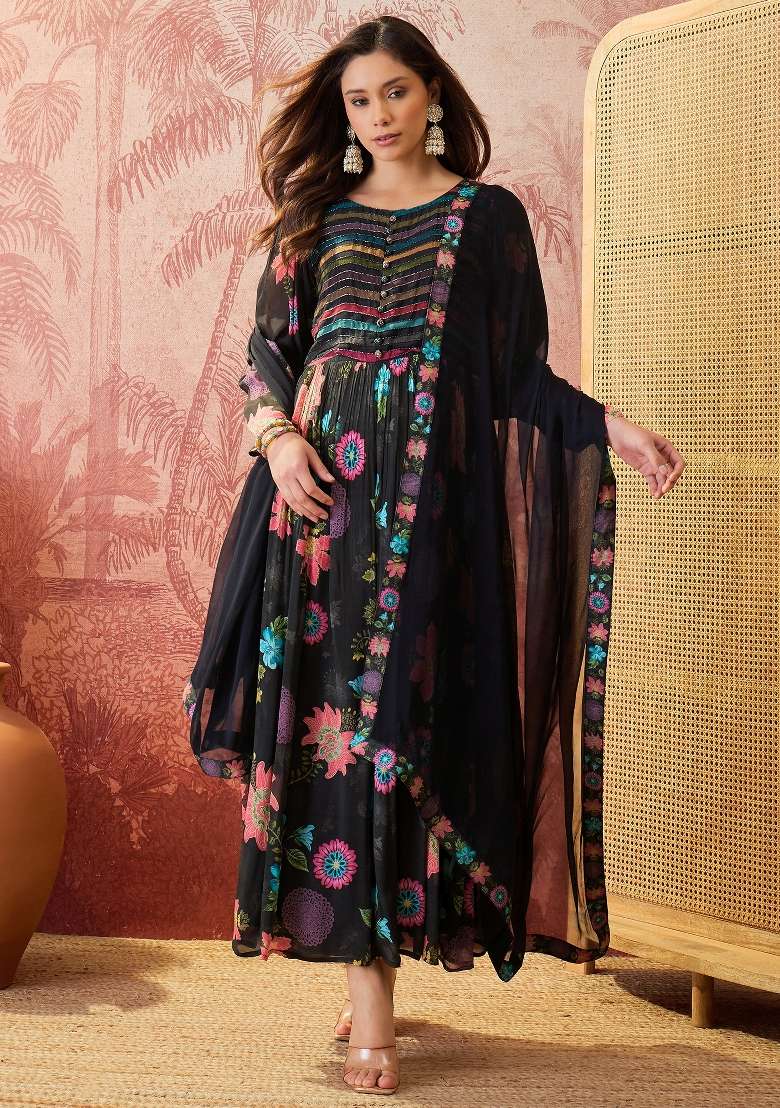 Black Sequins Work Silk Blend Kurta Set - Indya