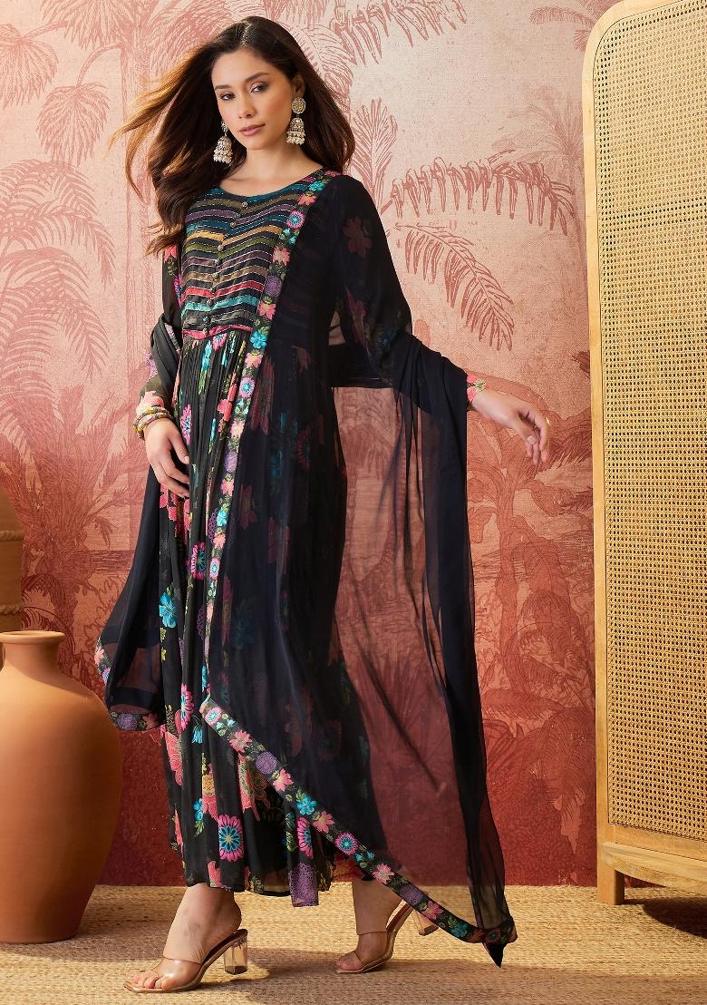 Black Sequins Work Silk Blend Kurta Set - Indya