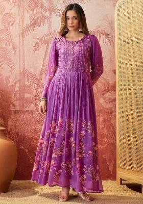 Purple Sequins Work Silk Blend Kurta Set