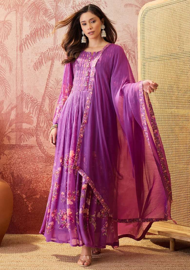 Purple Sequins Work Silk Blend Kurta Set - Indya