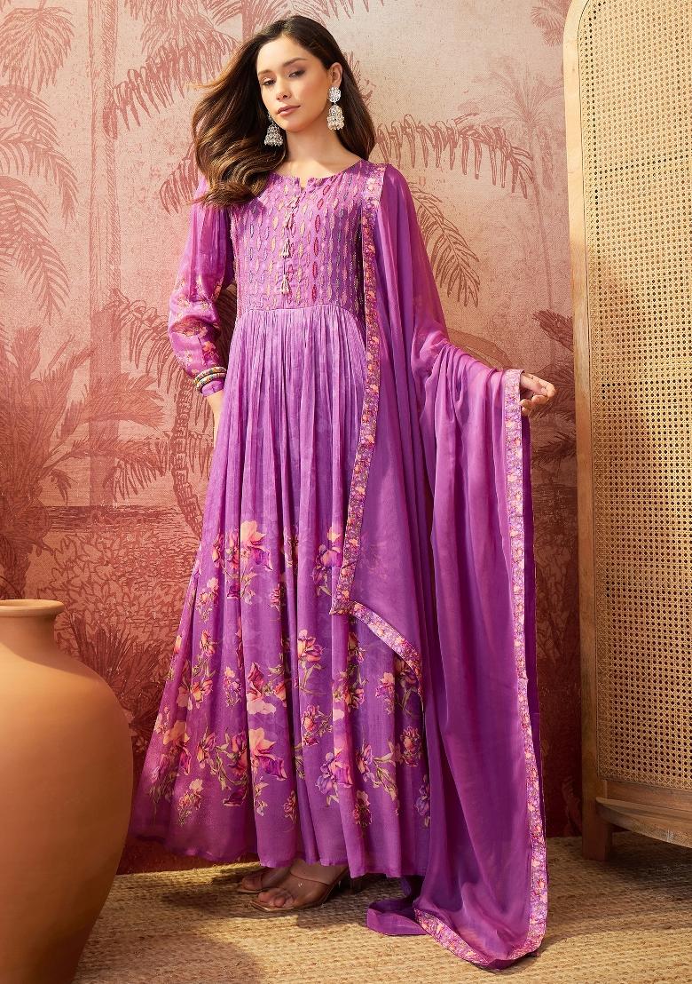 Purple Sequins Work Silk Blend Kurta Set - Indya
