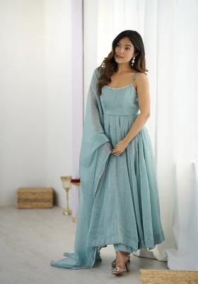 Sky Blue Sequins Work Silk Blend Kurta Set