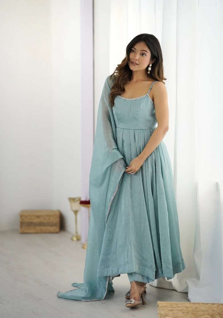 Sky Blue Sequins Work Silk Blend Kurta Set - Indya