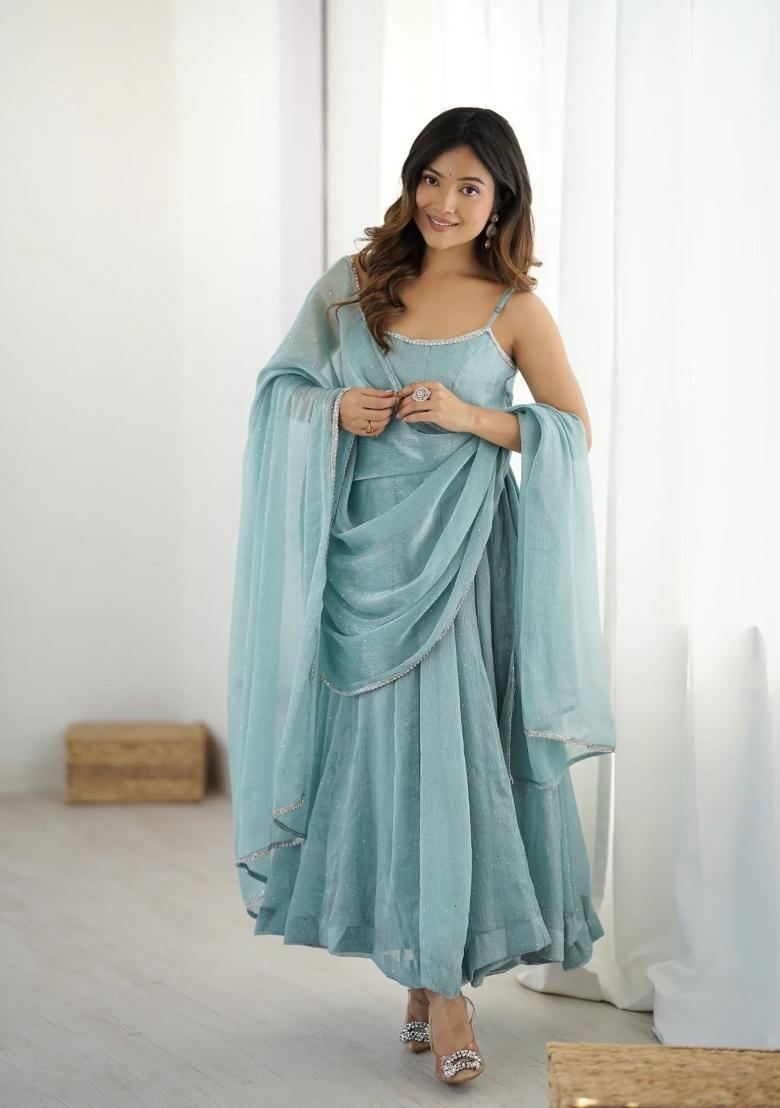 Sky Blue Sequins Work Silk Blend Kurta Set - Indya