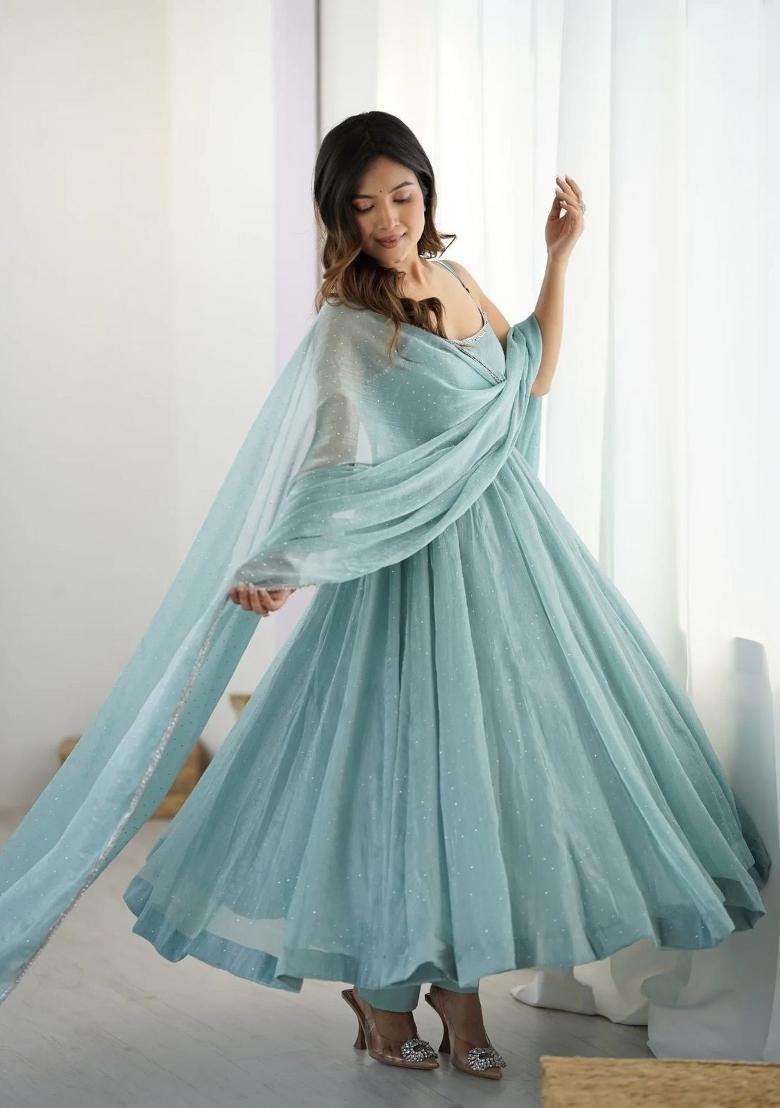 Sky Blue Sequins Work Silk Blend Kurta Set - Indya
