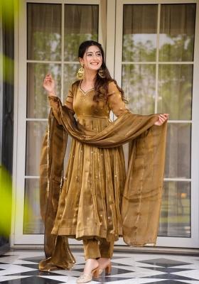 Brown Sequins Work Silk Blend Kurta Set