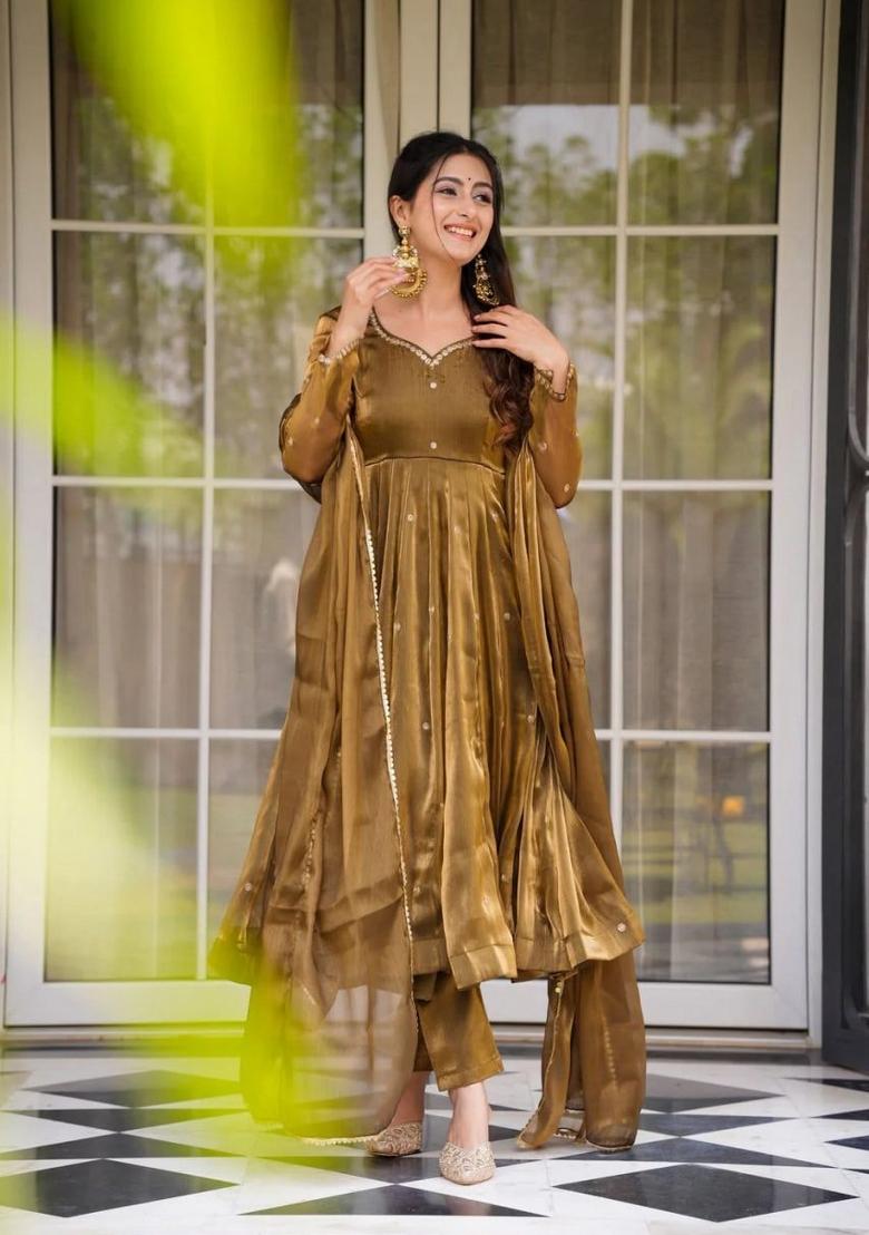 Brown Sequins Work Silk Blend Kurta Set - Indya