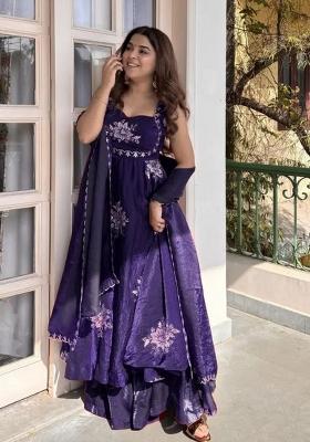 Blue Sequins Work Silk Blend Kurta Set