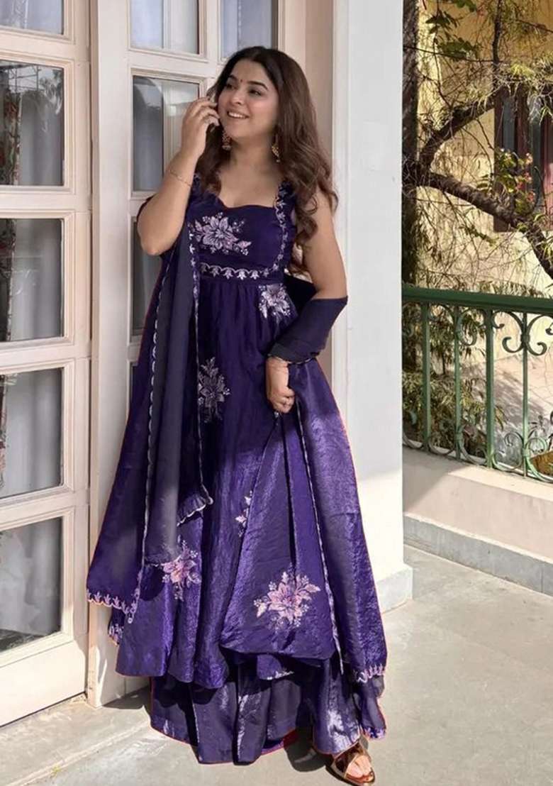 Blue Sequins Work Silk Blend Kurta Set - Indya