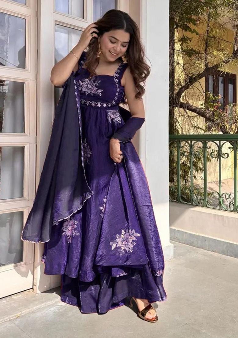 Blue Sequins Work Silk Blend Kurta Set - Indya