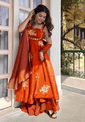 Orange Sequins Work Silk Blend Kurta Set