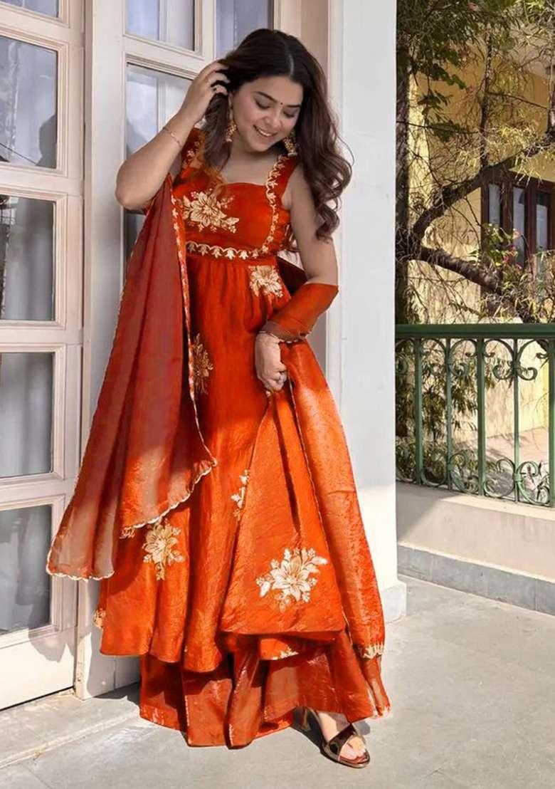 Orange Sequins Work Silk Blend Kurta Set - Indya