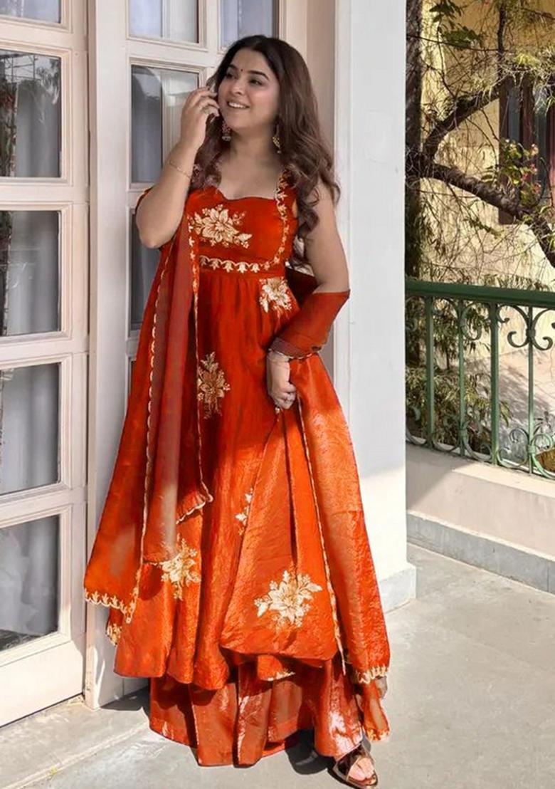 Orange Sequins Work Silk Blend Kurta Set - Indya