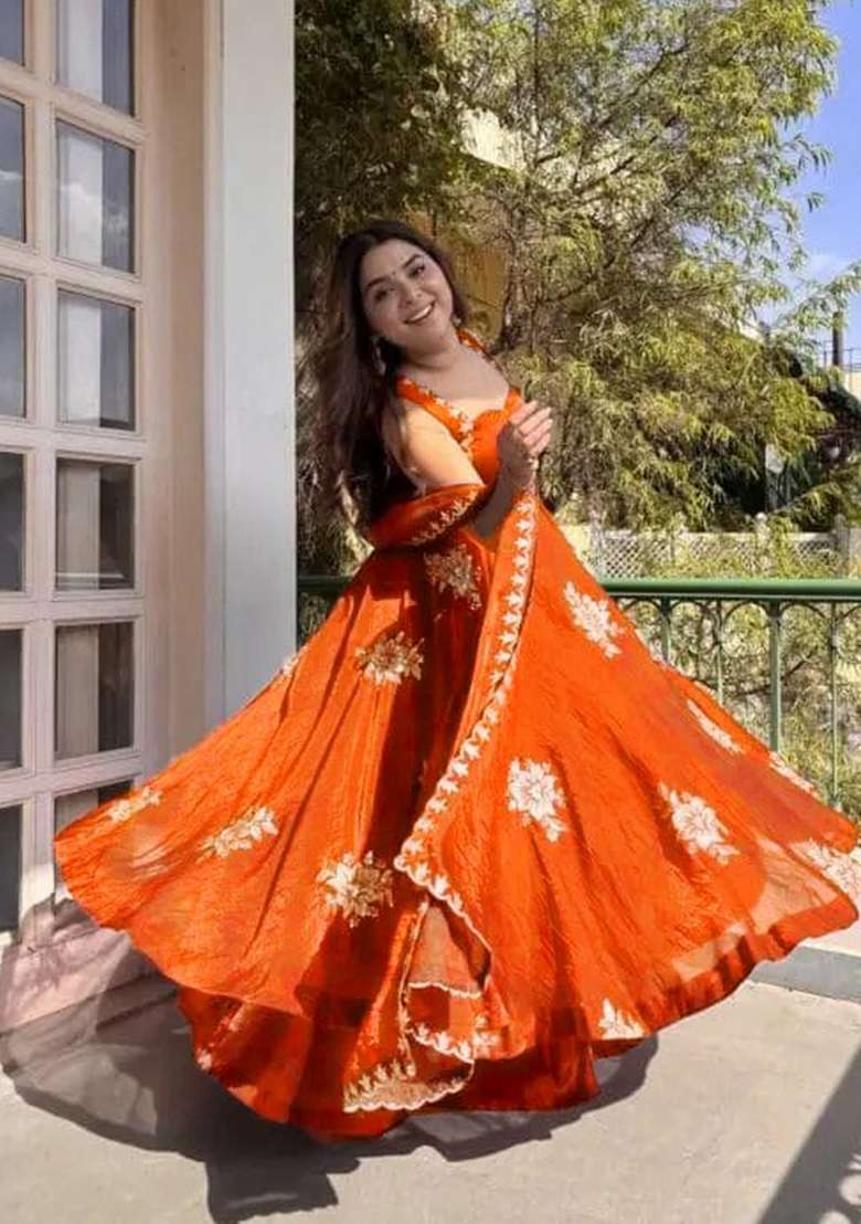 Orange Sequins Work Silk Blend Kurta Set - Indya
