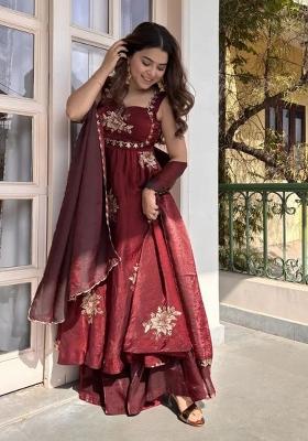 Magenta Sequins Work Silk Blend Kurta Set