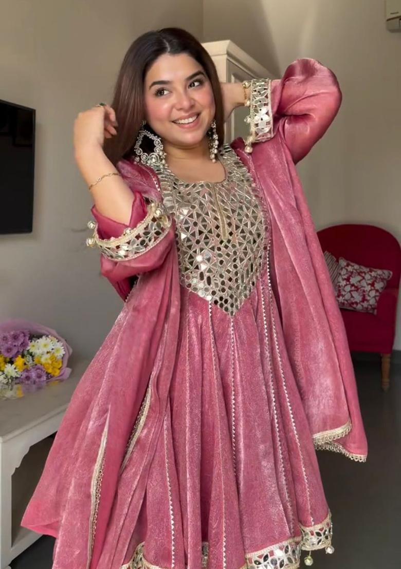 Pink Sequins Work Silk Blend Kurta Set - Indya