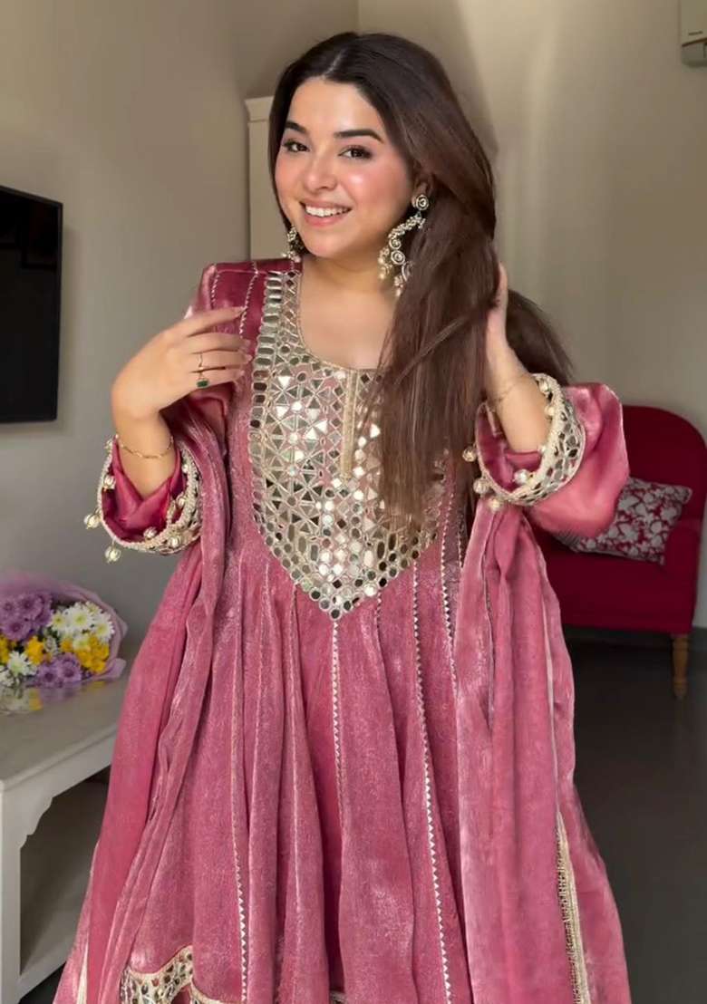 Pink Sequins Work Silk Blend Kurta Set - Indya