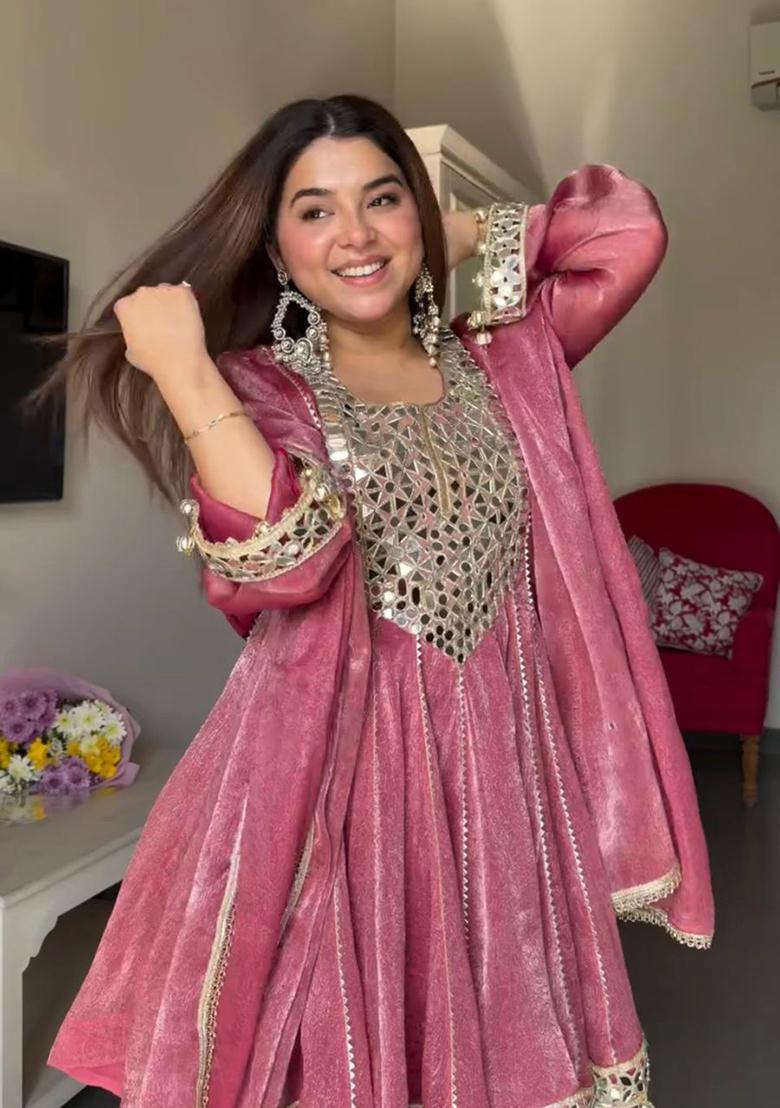 Pink Sequins Work Silk Blend Kurta Set - Indya