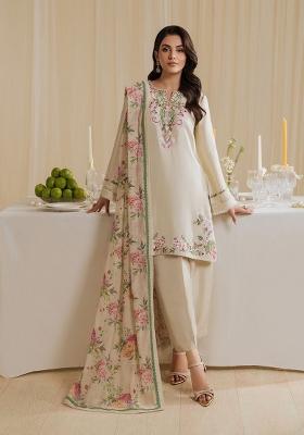 Cream Sequins Work Crepe Kurta Set