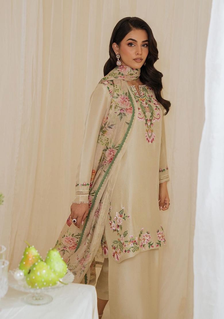 Cream Sequins Work Crepe Kurta Set - Indya
