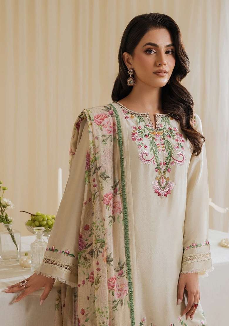 Cream Sequins Work Crepe Kurta Set - Indya