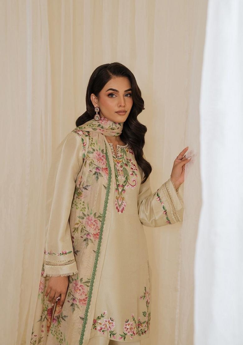 Cream Sequins Work Crepe Kurta Set - Indya