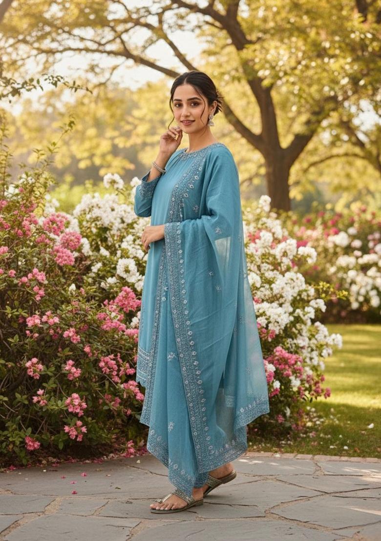 Light Blue Sequins Work Crepe Kurta Set - Indya