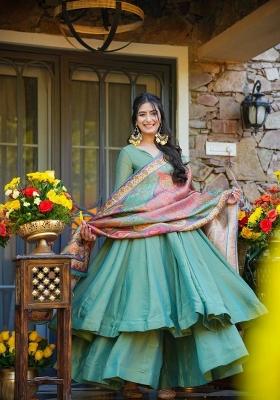 Teal Green Sequins Work Silk Blend Kurta Set