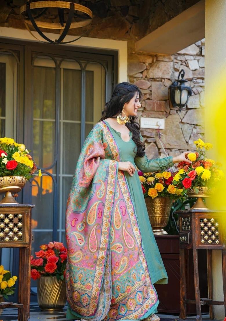 Teal Green Sequins Work Silk Blend Kurta Set - Indya