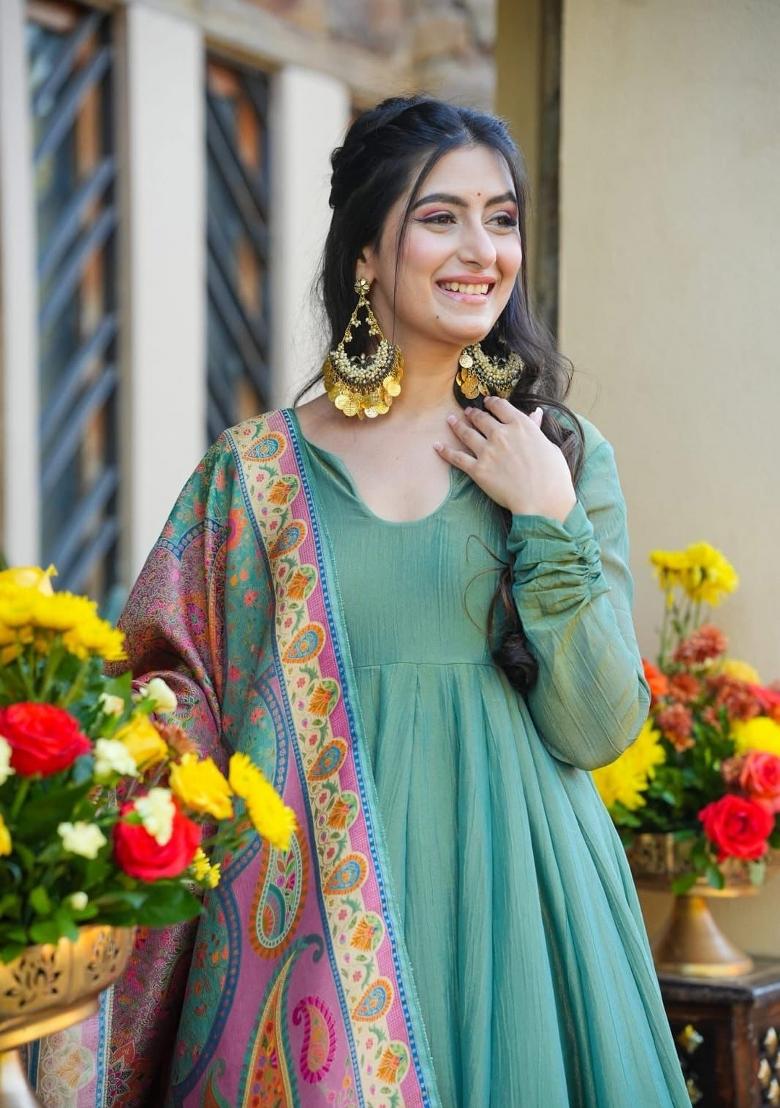 Teal Green Sequins Work Silk Blend Kurta Set - Indya
