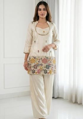 White Sequins Work Chinon Kurta Set