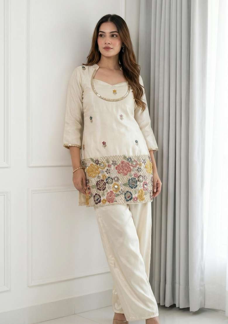 White Sequins Work Chinon Kurta Set - Indya