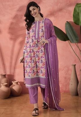 Purple Embroidered Cotton Kurta Set