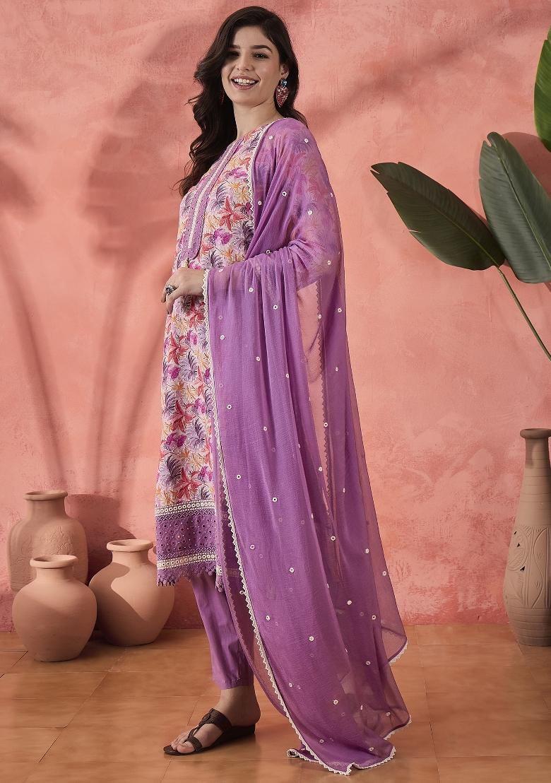 Purple Embroidered Cotton Kurta Set - Indya