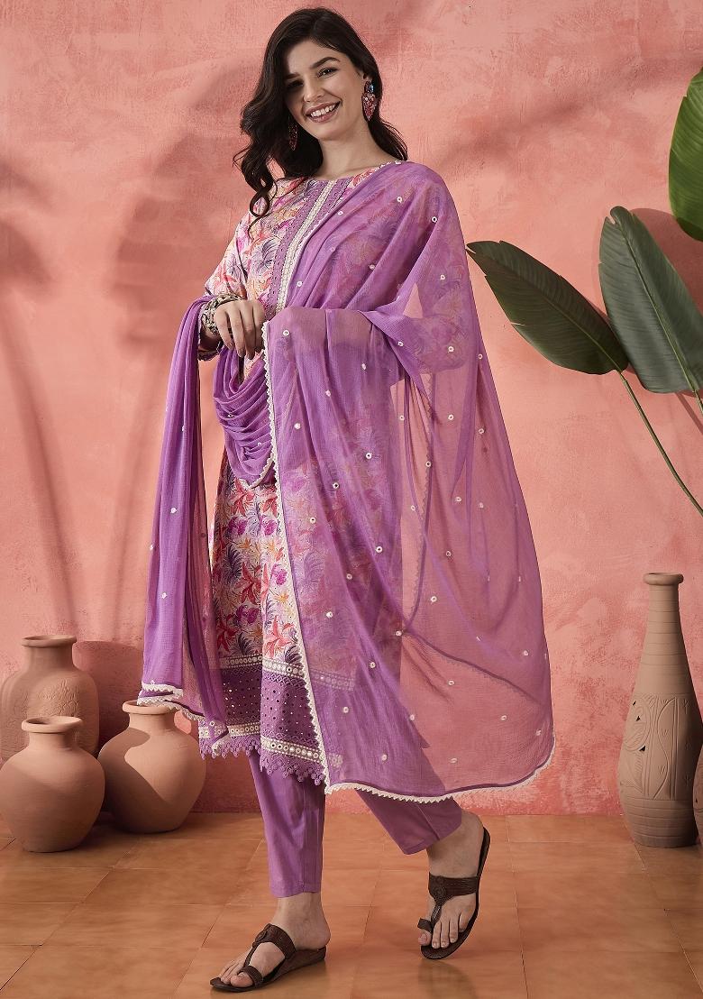 Purple Embroidered Cotton Kurta Set - Indya