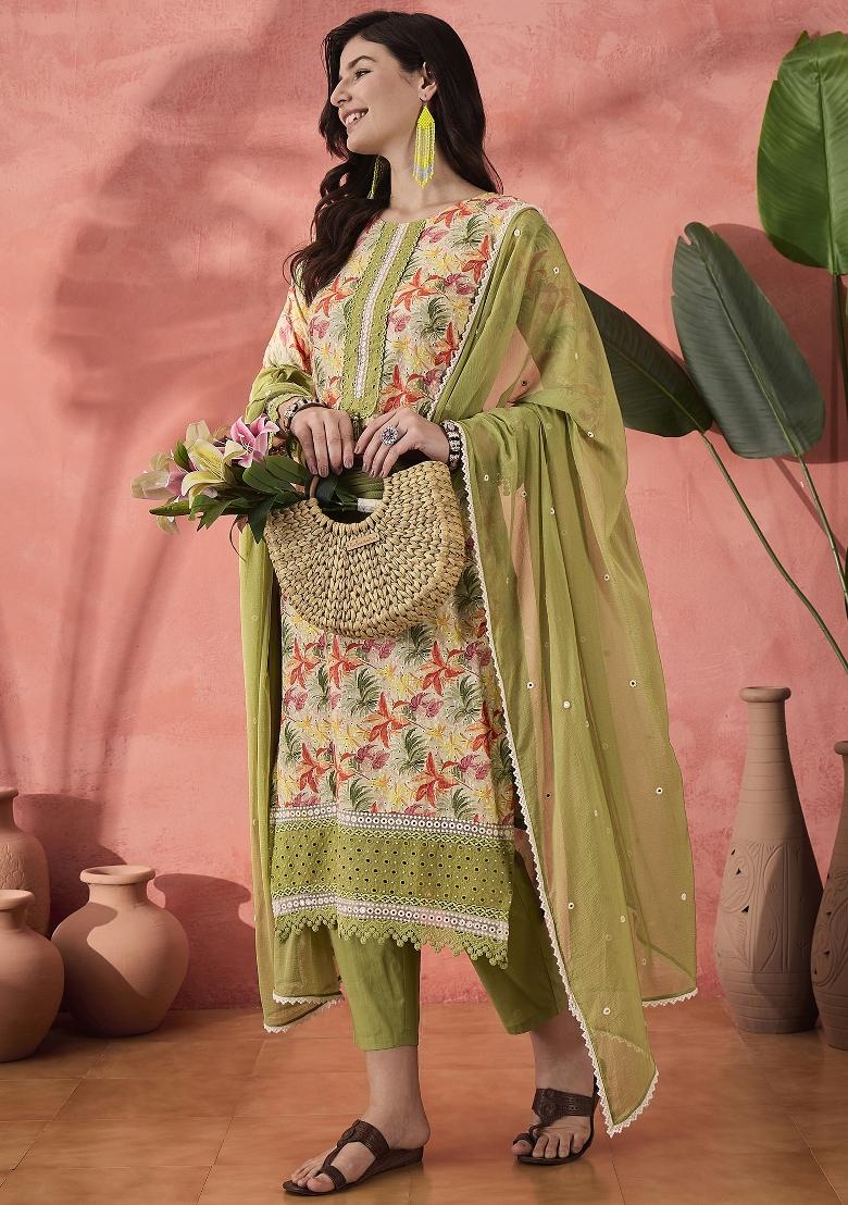 Green Embroidered Cotton Kurta Set - Indya