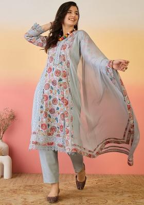 Sky Blue Embroidered Cotton Kurta Set