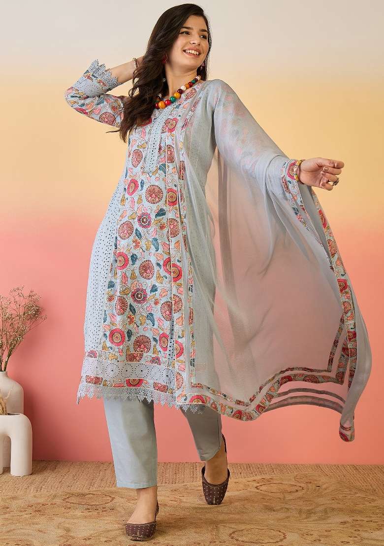 Sky Blue Embroidered Cotton Kurta Set - Indya