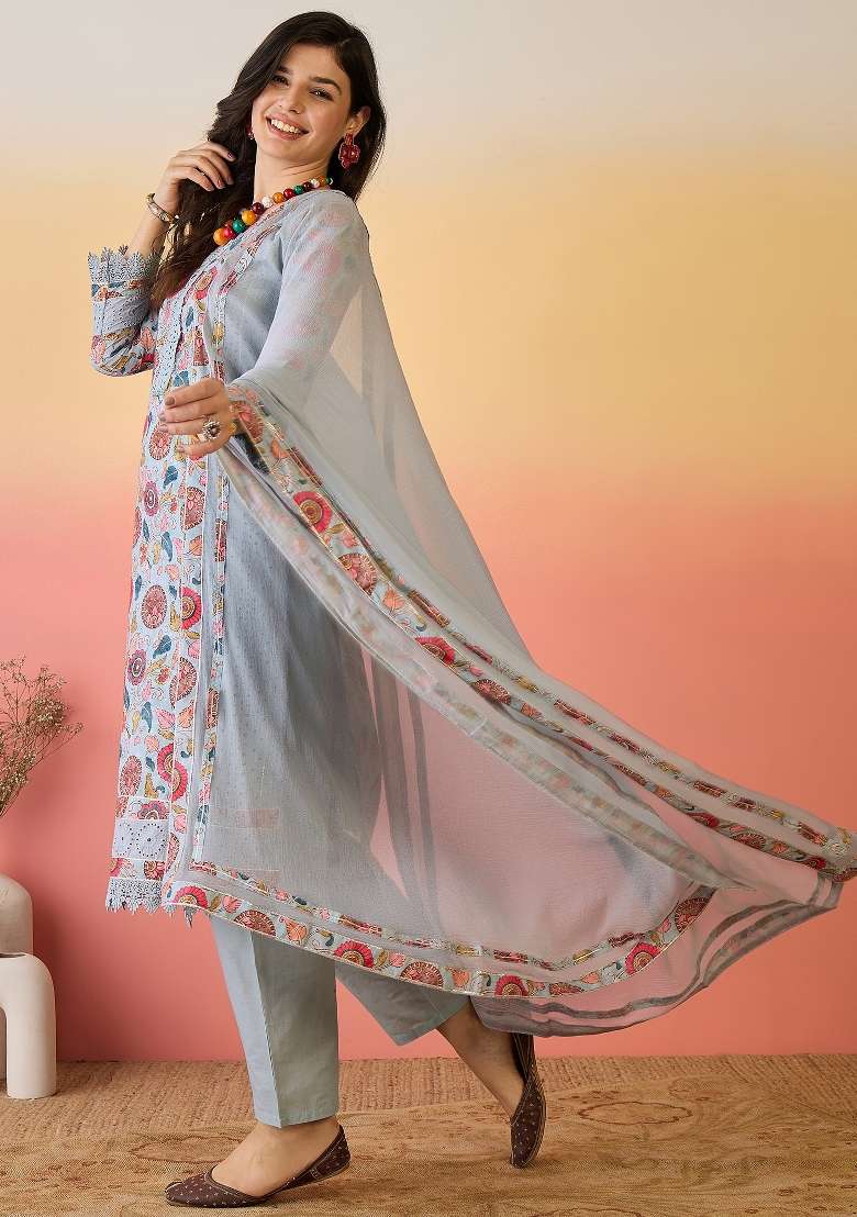 Sky Blue Embroidered Cotton Kurta Set - Indya